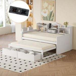 Lit banquette 90x200cm en bois - avec lit gigogne 90x190cm et 2 tiroirs - avec prise USB - Blanc