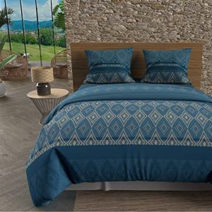 Soleil d'Ocre Parure housse de couette en coton 57 fils 260x240 cm ethno bleu, par Bleu