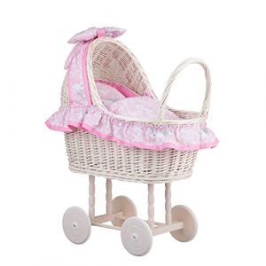 Poussette pour poup&eacute;e - Landau en osier blanc-rose avec roues en bois pour poup&eacute;e de moins de 35 cm