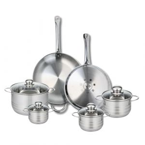 Elo 9883950 Batterie de cuisine 6 pièces, Ensemble de 2 Poêles de cuisson 28 et 32 cm et 4 faitouts 12, 14, 16 et 20 cm Profi Brillant, inox, induction