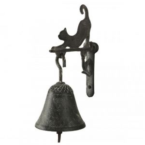 L'héritier du temps Cloche Sonnette Carillon Clochette de Porte Murale sur Crédence Motif Chat en Fonte Patinée Grise 8x12x18cm