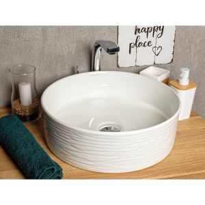 Vasque &agrave; poser ronde en c&eacute;ramique PRISMA ext&eacute;rieur rainur&eacute; &Oslash;40 cm