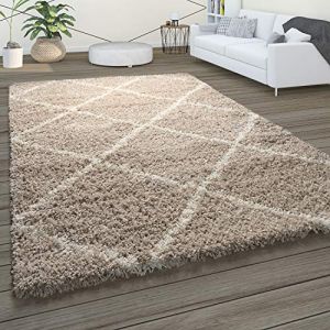 Paco Home - Tapis à Poils Longs, Shaggy Doux Salon Style Scandinave Avec Motif Losanges Beige, 300x400 cm