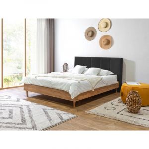 Bobochic Lit 140 x 190 cm OLYMPE tête de lit avec rangement lattes massives et pieds en bois naturel