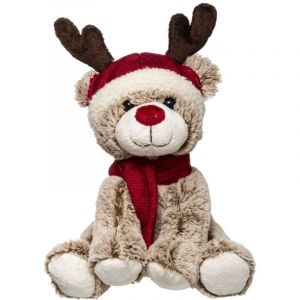 Atmosphera Peluche de Noël Ours avec écharpe et bonnet renne - H. 35 cm - Marron et rouge