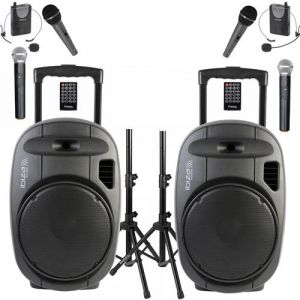 Ibiza Sound Pack Sono 2 Enceintes Portables Bluetooth USB PORT15VHF-MKII-TWS 800W 6 Micros - Paire Supports Enceintes SS01B-MINI