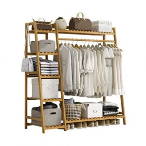 Solerconm Portant à Vêtements, Porte-Manteau Bambou avec Étagères à Chaussures, Tringle Meuble, Charge Lourde pour Rangement Plante (Duo Cai, neuf)