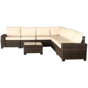 Concept-Usine Salon de jardin d'angle 7 places en r&eacute;sine tress&eacute;e avec table marron et beige LAZARO