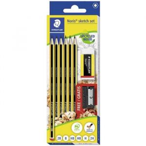 Staedtler Sketch Set Noris 61 120 C6 Lot de 6 crayons à papier en bois recyclé avec gomme et taille-crayon