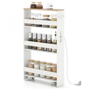Chariot de Cuisine &Eacute;troit 13 CM COSTWAY &agrave; 4 &Eacute;tag&egrave;res, Station de Recharge, Roues Verrouillables, Garde-Corps, Blanc et Naturel