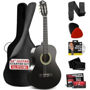 Pyle Guitare Acoustique 86 cm pour D&eacute;butants &ndash; Taille 1/2 Junior en Bois Massif, Finition Noir Mat, Id&eacute;ale Enfants et Adultes, Instrument Musical Complet