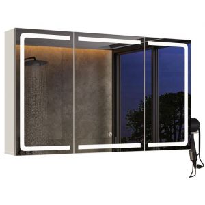 Armoire Murale Salle de Bain Bealife avec 3 miroirs et &Eacute;clairage LED pour Ranger S&egrave;che-cheveux Prises et Articles de Toilette 100 x 16 x 60 cm Blanc