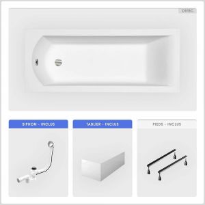Baignoire rectangulaire - 170 x 70 cm - avec Tablier - Pieds - Vidage Chrome - SHEA