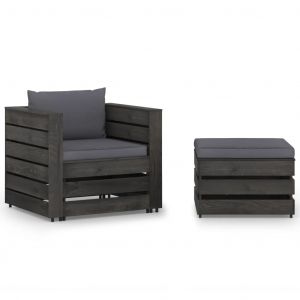 VidaXL Salon de jardin 2 pcs avec coussins Bois impr&eacute;gn&eacute; de gris