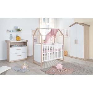 Roba Chambre b&eacute;b&eacute; compl&egrave;te : Lit 60 x 120 cm + commode &agrave; langer &eacute;volutive + armoire - CABANE - Ch&ecirc;ne / Blanc