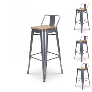 Kosmi Lot de 4 tabourets de bar style industriel en métal Silver avec dossier et assise bois clair - Hauteur 76 cm