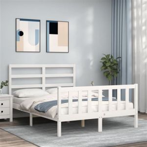 VidaXL Cadre de Lit avec Tête de Lit, Sommier à Lattes en Bois, Lit Double et Adulte, Cadre à Lattes sur Pied Chambre à Coucher, Blanc 140X200 cm Bois Massif
