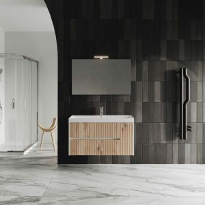 Meuble de salle de bain suspendu 100cm en chêne doré canné avec miroir encastré 100x60 Cortina
