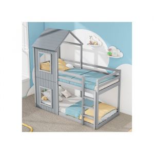 Lit superpos&eacute; 90 x 200 cm cm, lit enfant, lit cabane pour filles et gar&ccedil;ons, avec &eacute;chelle et baldaquin, du sol au plafond,gris
