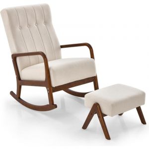 Costway Fauteuil À Bascule Avec Ottoman, En Tissu Rembouré Cadre En Bois D'hévéa Massif Et Coussin Rembourré Capitonné, Beige