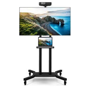 Coast Mobile TV Furniture Black pour téléviseurs 32"-70", 78 x 75 x 150-180 cm, Chariot TV réglable avec roues et 2 étagères