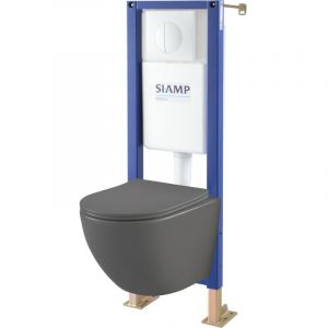 Siamp Pack WC suspendu gain de place bâti universel + cuvette sans bride gris mat corolla