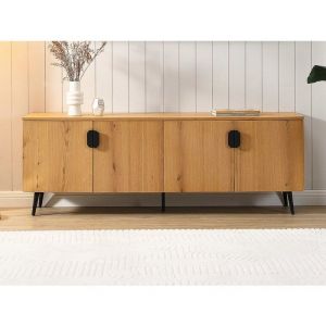 Meuble TV avec 4 portes placage ch&ecirc;ne et acier - Naturel clair et Noir - SINOLO