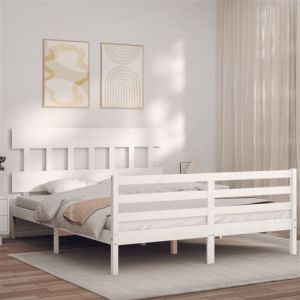 Image de VidaXL Cadre de lit avec t&ecirc;te de lit blanc 160x200 cm bois massif, lit, mobilier de chambre &agrave; coucher, lit en bois, lit double, cadre de lit en bois