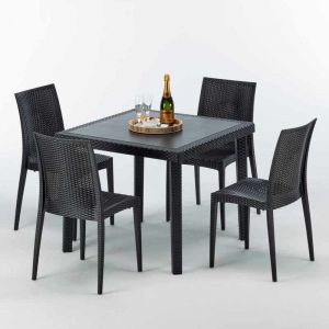 Grand Soleil Table carr&eacute;e et 4 chaises Poly rotin resine bar bistrot caf&egrave; exterieur 90x90 noir | Bistrot Anthracite noir