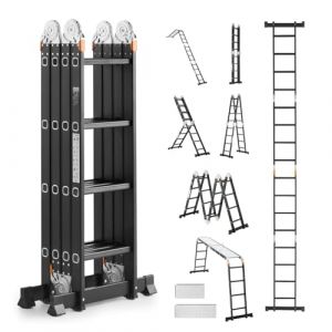 VEVOR Échelle Pliante Polyvalente 7 en 1 Escabeau Télescopique Réglable avec Planche Échafaudage, Barre Équilibre, Hauteur de Portée 4,65 m, Charge 150 kg, Cadre A 4 Marches, pour Extérieur Intérieur