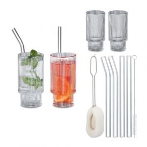 Relaxdays Verre strié à Eau, Lot de 4, Convient au Lave-Vaisselle, avec Paille, Design rétro, 325 ML, Transparent