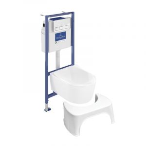 Villeroy & Boch Pack WC sans bride Avento + Bâti support + abattant frein de chute + plaque chromée + Tabouret blanc