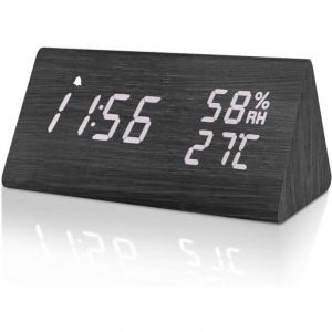 R&eacute;veil Num&eacute;rique en Bois - Horloge Digitale LED Silencieuse - Luminosit&eacute; R&eacute;glable, Fonction Snooze, Affichage de la Temp&eacute;rature et de l'Humidit&eacute;