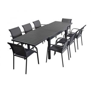 Table de jardin extensible 8 fauteuils aluminium et textil&egrave;ne anthracite 270 x 90 x 75 cm