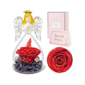 Figurine Ange Gardien avec Roses &Eacute;ternelles Naturelles - Cadeau Femme Maman Grand-M&egrave;re - D&eacute;coration Verre Or Rouge - Bo&icirc;te Incluse