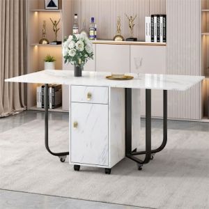 Table à manger extensible, avec placard et 1 tiroirs, polyvalente, 4 pieds de support, avec poulie, pliante, 150x80x76cm, blanc/Noir