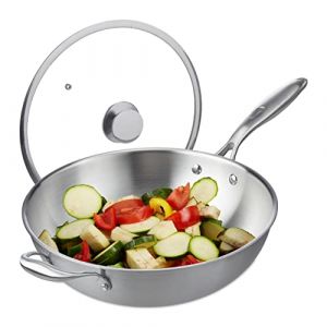 Relaxdays Wok, diamètre de 32 cm, acier inoxydable, couvercle verre, cuisinière à induction, gaz, éléctrique, argentée