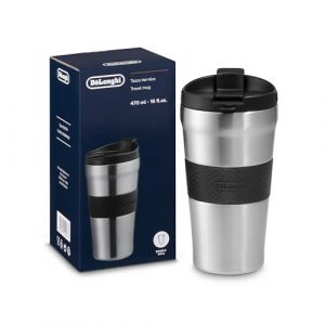 Delonghi Travel Mug, Thermos &agrave; double paroi pour boissons chaudes et froides, facile &agrave; transporter, &eacute;tui antid&eacute;rapant en silicone, 300 ml de capacit&eacute;, DLSC066, Marron