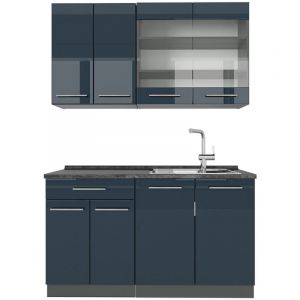 Vicco - Cuisine Fame-Line, Bleu foncé brillant/Anthracite, 140 cm sans plan de travail
