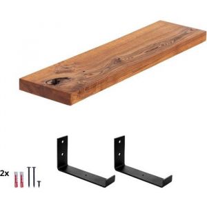 LAMO Manufaktur étagère murale en bois massif, bord régulier, étagère de rangement Industrial, bois foncé / équerre noire 60cm, LWG-01-A-004-60JS