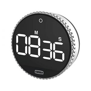 Xavax Minuteur 'Rotation' (Timer numérique, Ecran LED, Chronographe, Compte à Rebours, Touche Tactile, 3 volumes, Mode Economie Energie) Argenté/Noir