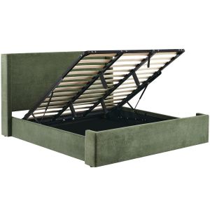 Lit coffre 140x190 cm, tête de lit capitonnée en velours côtelé vert
