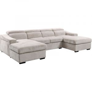 Valaya - Canapé panoramique convertible avec 2 coffres en velours chiné beige