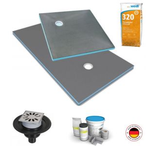 Image de Wedi Receveur à carreler Fundo Primo, écoulement excentré + bonde verticale + kit d étanchéité et colle 320, 90 x 90