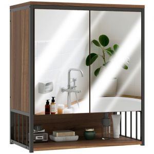 Homcom Armoire miroir murale salle de bain 2 portes design - étagère, niche - métal noir effet bois noyer