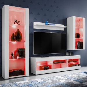 Komodee - Ensembles de meubles Tivoli Medio, Blanc/Blanc, Largeur 220cm x Hauteur 159cm x Profondeur 35cm, led rgb, pour Salon, Chambre