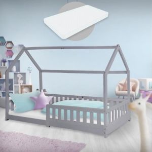 Lit d'Enfants 90x200 cm Gris Clair avec Matelas à Mousse Froide, H:16 cm, Housse Amovible, Sommier à Lattes, Protection Anti-Chute, Style Maison, Lit