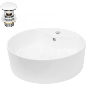 Lavabo Ronde en Céramique, 460x460x155 mm, Blanc, avec Garniture de Vidage 1 1/4, pour Lavabo sans Trop-Plein, Vasque à Poser, Évier Moderne,