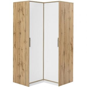 Armoire d&rsquo;angle 2 portes &ndash; L106 cm &ndash; Blanc et naturel clair - LAMIKI