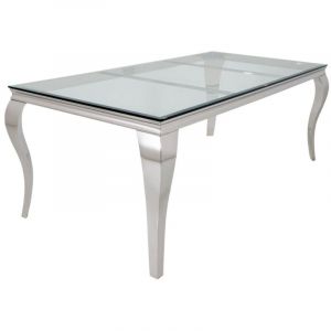 Table de salle &agrave; manger VELENA &ndash; Rectangulaire 200 cm &ndash; Verre tremp&eacute; et acier argent&eacute; &ndash; Style baroque chic